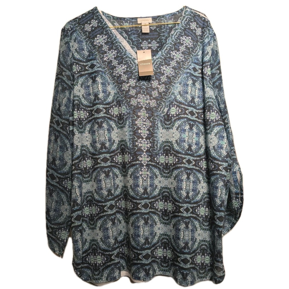 Chicos Shirt Women Sz 3 (XL) Grotto Mosaic Rhinestone 3/4 Sleeve Tunic Vneck NWT
